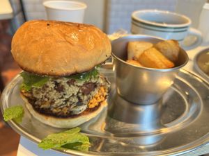 Yuba Creation Burger with fries and coffee  at Superiority Burger in Tokyo