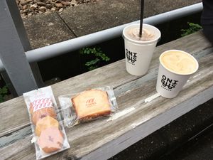 Ice&Hot soy lattes and vegan coconut cake and biscuits. at Onibus Coffee in Tokyo
