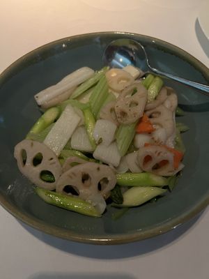 Stir fried yam, lily bulb, lotus root, celery  at Above & Beyond in Kowloon