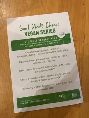 Banquet menu (I think it changes each time) at Salt Meats Cheese Gasworks in Newstead