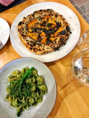 Pesto orecchiette and sweet potato pizzetta for mains at Salt Meats Cheese Gasworks in Newstead