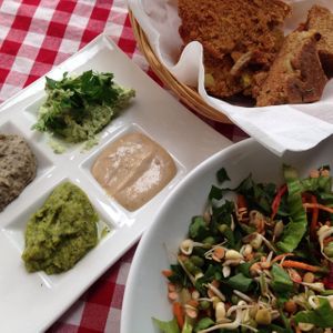 breakfast salad and spreads  at Aba Gil Organic Food in Tel Aviv