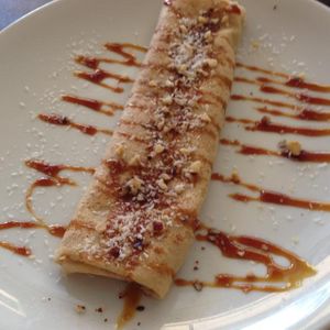 Halva-Orange Filled Blintz (vegan) at Aba Gil Organic Food in Tel Aviv