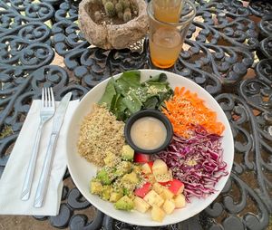 Detox bowl & Ginger kombucha. The only flavorful thing in the bowl was the avocado.   at Le' Kaat in Valladolid