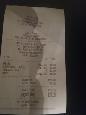 Our bill for 2 at Don Patron in Williamsport