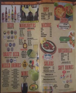 Part of the take out menu showing the guacamole, and drinks. I think I got all the parts of the menu that are vegan at Don Patron in Williamsport