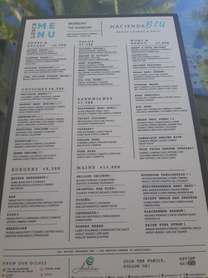 Menu March 2nd 2024 at Hacienda BLU Beach Lounge & Grill in Liberia