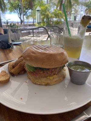 Vegan burger made with chickpeas   at Hacienda BLU Beach Lounge & Grill in Liberia