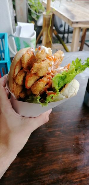 Fried Tofu Mushroom, 80 baht. Sauce is Mayo and ketchup at Banh Mi Vietnam - Food Stall in Pai