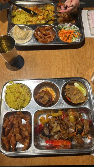 up: rice, wonton dumplings, vegan duck down: sweet sour soy chunks, koh pao  at Dhaba Beas - Slovansky Dum in Prague