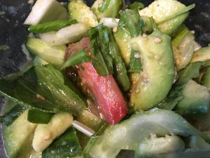 Avocado mint & lime salad with papaya. at Picasso's Urban Tapas Bar in Estepona