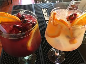 Award winning Home-made Vegan Red or White Sangria's infused with peach pineapple & coconut. at Picasso's Urban Tapas Bar in Estepona