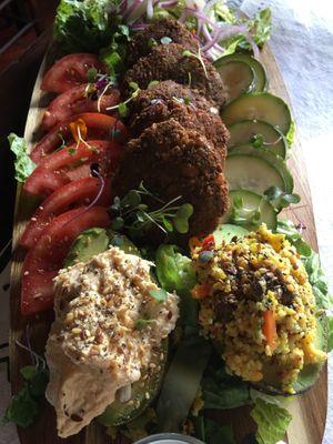 Falafels platter, Vegan with mint salsa & stuffed avocado with fresh hummus.  at Picasso's Urban Tapas Bar in Estepona