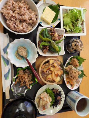 Chefs special platter. Also comes with two desserts and a grain coffee. Bottom right is soup. at Takano in Kanazawa