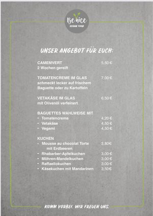 Unsere derzeitige to - go Karte am Wochenende von 14-18 Uhr at Be Nice in Hannover