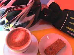 Soya latte and vegan flapjack at The Pound Arts Centre in Corsham