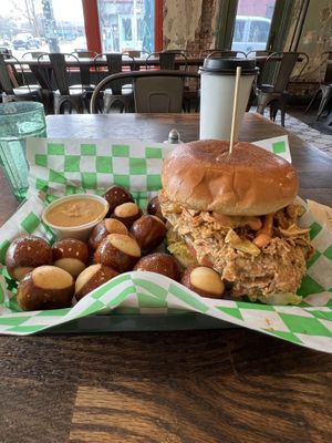 Pretzel Bites with custom no chikn sandwichh #Veganuary at The Fix in Kansas City