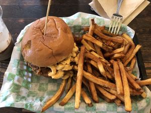 Fried “Chicken” sandwich with Mac n cheeze and spicy sauce… so tasty… such a huge portion!  at The Fix in Kansas City