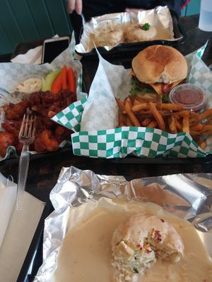 Biscuits and gravy, bbq cauliflower wings, and scratch burger at The Fix in Kansas City