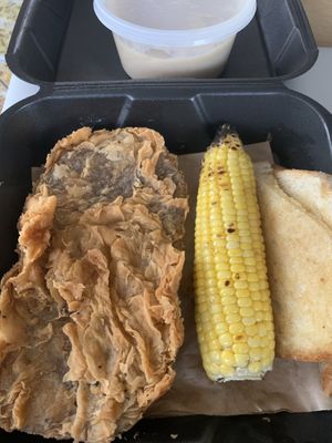 Chicken fried seitan, roasted corn, toast (missing mashed potatoes ) at The Annex Crafthouse in Houston