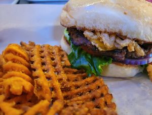 Vegan burger with sweet potato fries at The Annex Crafthouse in Houston