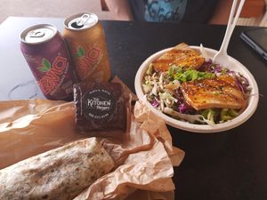 Amazing food!! Including the vegan reuben wrap!! at Papaya's Natural Foods in Kapaa