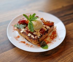 French toast! 
Spiced Plum and vanilla ice cream.  at Pure Vegan in Lancaster