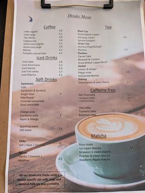 Drinks menu at Pure Vegan in Lancaster