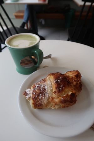Matcha Latte & nut croissant at Luminary Bakery in North West London