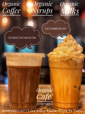 Organic Coffee with variety of organic plant based milks & vegan syrups at GOrganic Eats in Colleyville