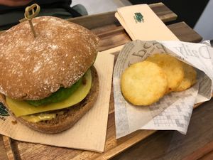 Burger and hashbrowns at Loving Hut in Louvain-la-neuve