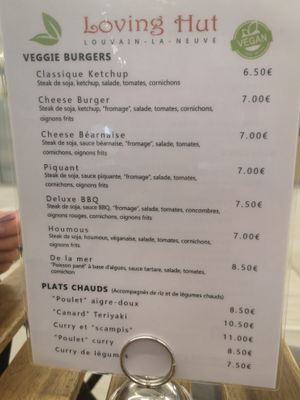 Menu at Loving Hut in Louvain-la-neuve