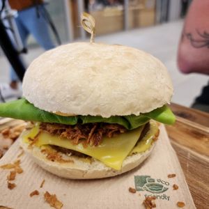 cheese burger at Loving Hut in Louvain-la-neuve