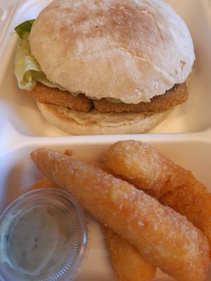 Fish burger and "scampis" at Loving Hut in Louvain-la-neuve