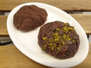 Chocolate and pistachio cookies at Loving Hut in Louvain-la-neuve