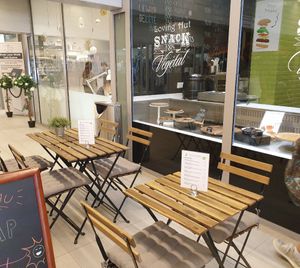 Outside (in a small shopping gallery) at Loving Hut in Louvain-la-neuve