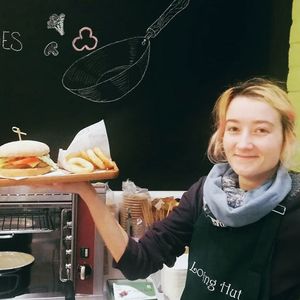 Burger and onion rings at Loving Hut in Louvain-la-neuve