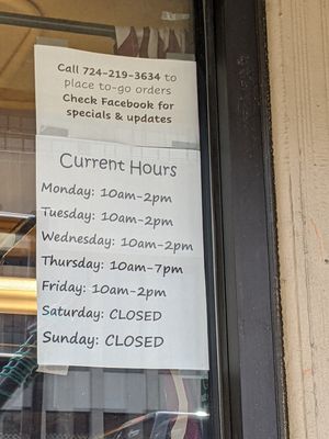 Current hours as of Sept 2022 at Yumzio Bistro in Greensburg