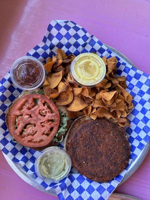 Sun dried tomato burger with sweet potato friess  at Cootie Brown's in Bristol
