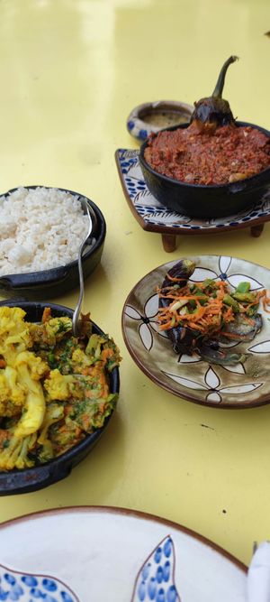 Cauliflower dish bottom left. Special eggplant made in fire top right. at Wannas Art Cafe in Luxor