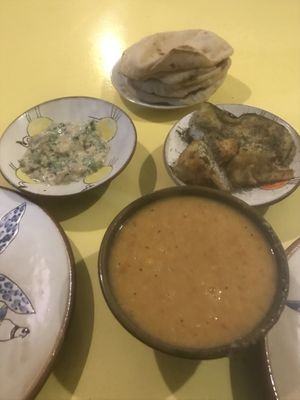 Lentil soup + mezze: baba ganoush and fried cauli and aubergine    at Wannas Art Cafe in Luxor