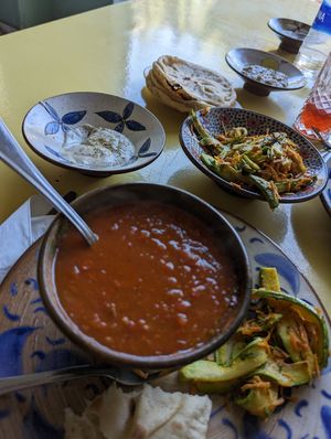 Tomato soup, zucchini salad, Baba ganouche, tahini at Wannas Art Cafe in Luxor