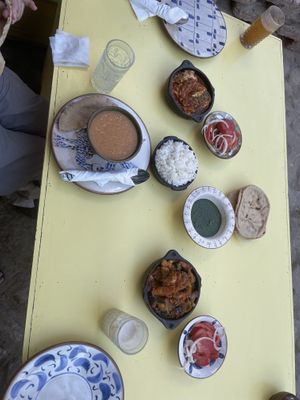 Lentil soup, Moussaka, fresh pita, tomato-onion salad, and green dip   #Veganuary at Wannas Art Cafe in Luxor