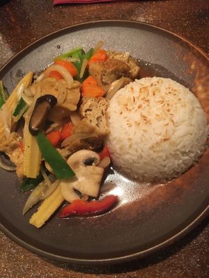 Stir-fried ginger tofu and (coconut) rice  at Little Elephant in Eastbourne