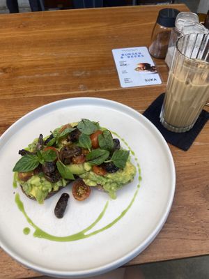 Amazing avo toast and almond ice latte  at Suka Espresso in Ubud