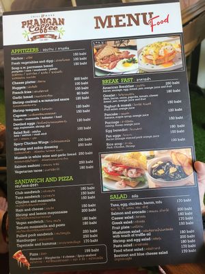 Food menu at Phangan Coffee in Koh Phangan