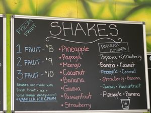 Shakes menu at The Thai and Smoothie Place in Waimea