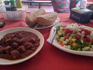 Shaksuka with tofu and Israeli salad at Victor Place in Vang Vieng