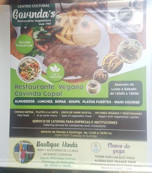Vegan menu Monday to Saturday for 3$50 including soup, main plate with salad, desert and drink.
12m to 4pm at Govinda Gopal - Govindas  in Quito
