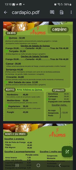 Menu at Aroma in Recife